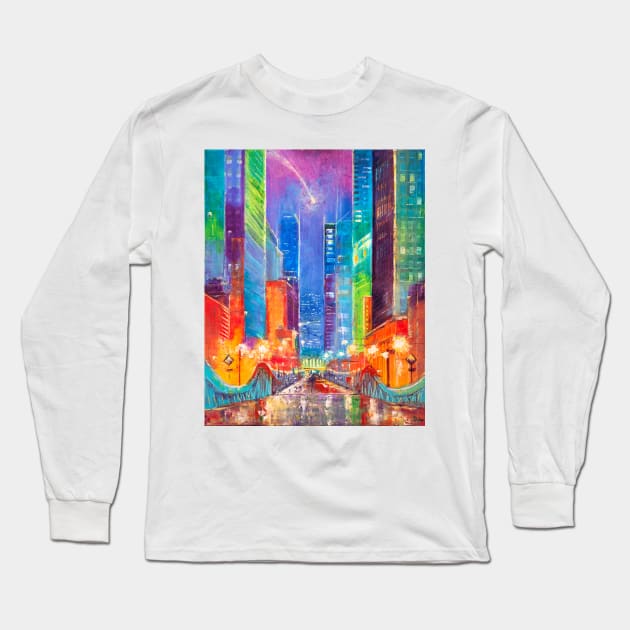 DuSable Bridge. Chicago at Night Long Sleeve T-Shirt by NataliaShchip